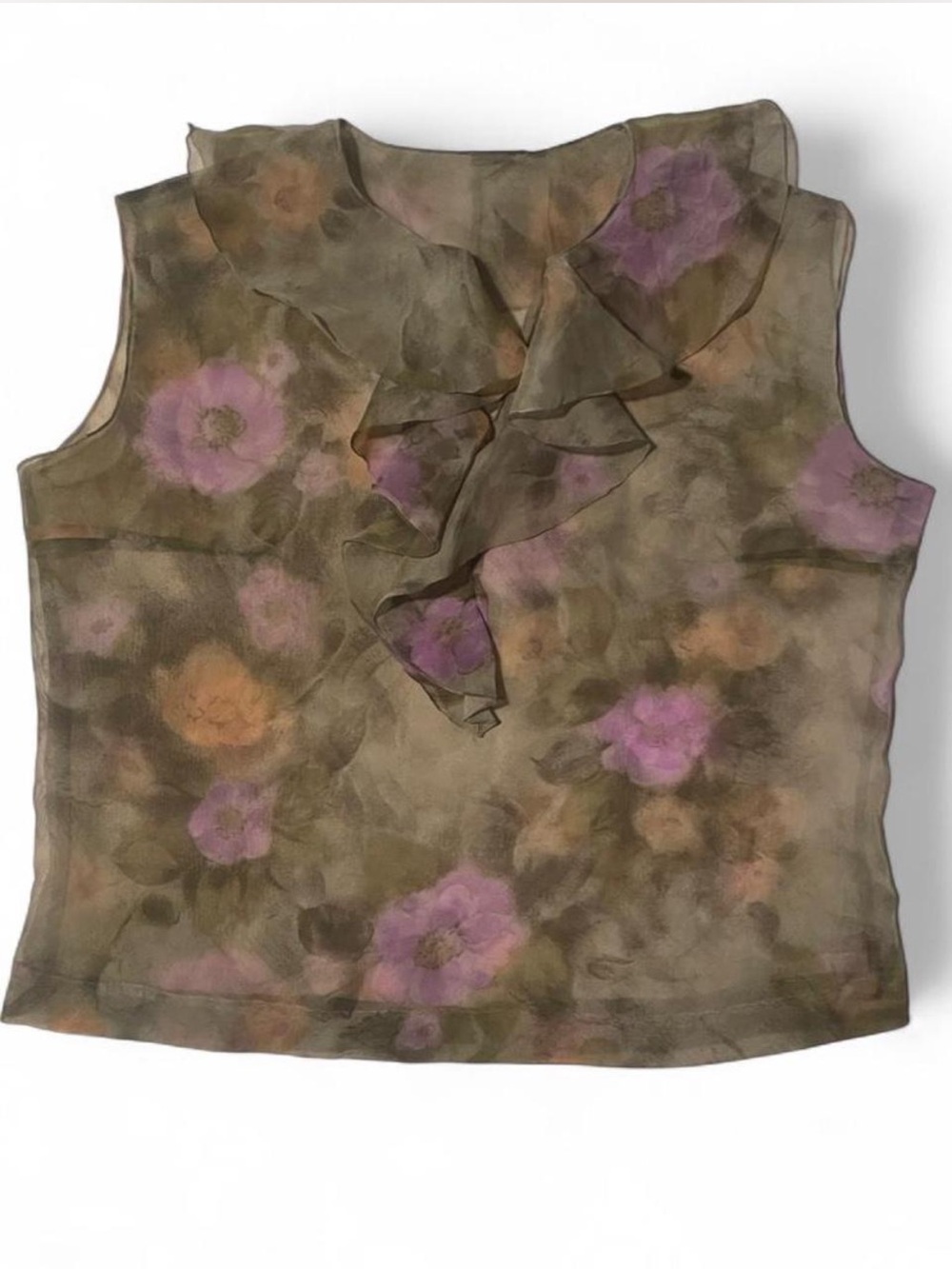 Vintage Olive Sheer Floral Ruffle Camisole with Pink & Peach Blooms